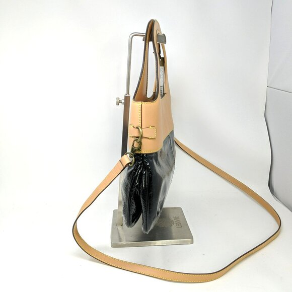 Etienne Privee Purse Bag Black Tan Satchel Leather Top Handle Strap - Picture 3 of 12